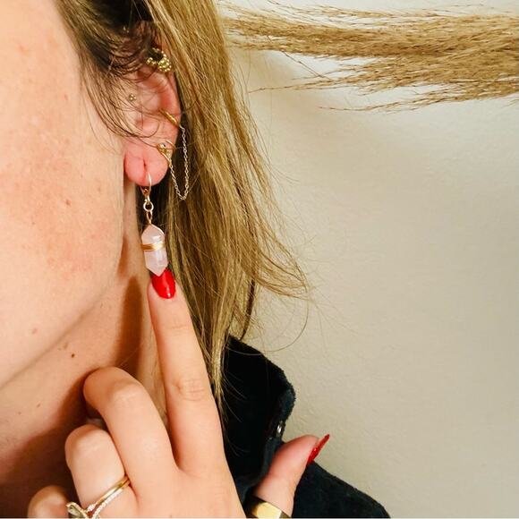 Rose Quartz Gold Handmade Boho Gemstone Crystal Hoop Earrings Hoops Jewelry - Picture 10 of 10